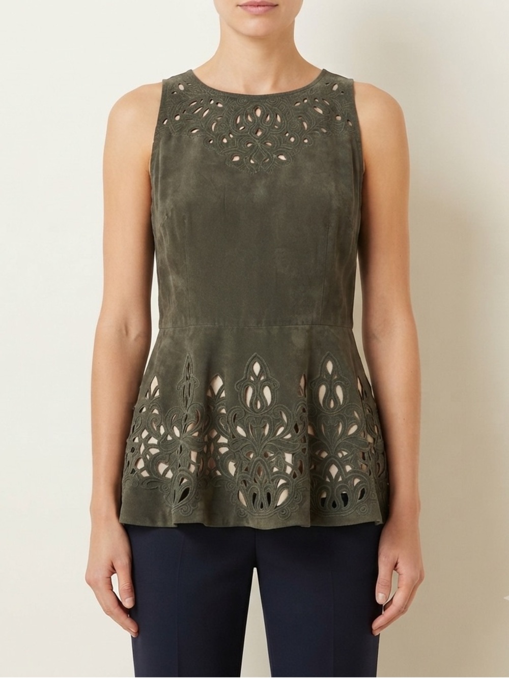 KAS New York Womens M Olive Green Peplum Top Laser Cut Hem NWT $168